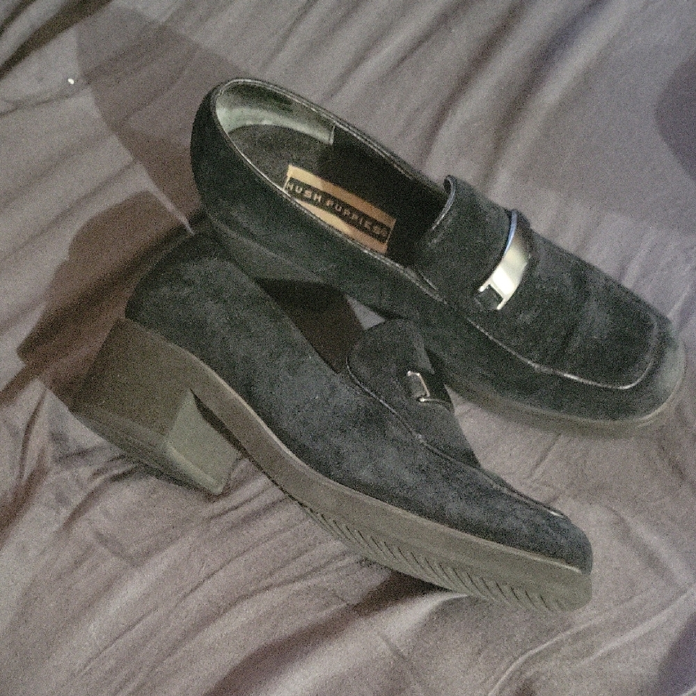 Hush Puppies Chunky Black Suede Silver Horse Bit Slip-On Loafers